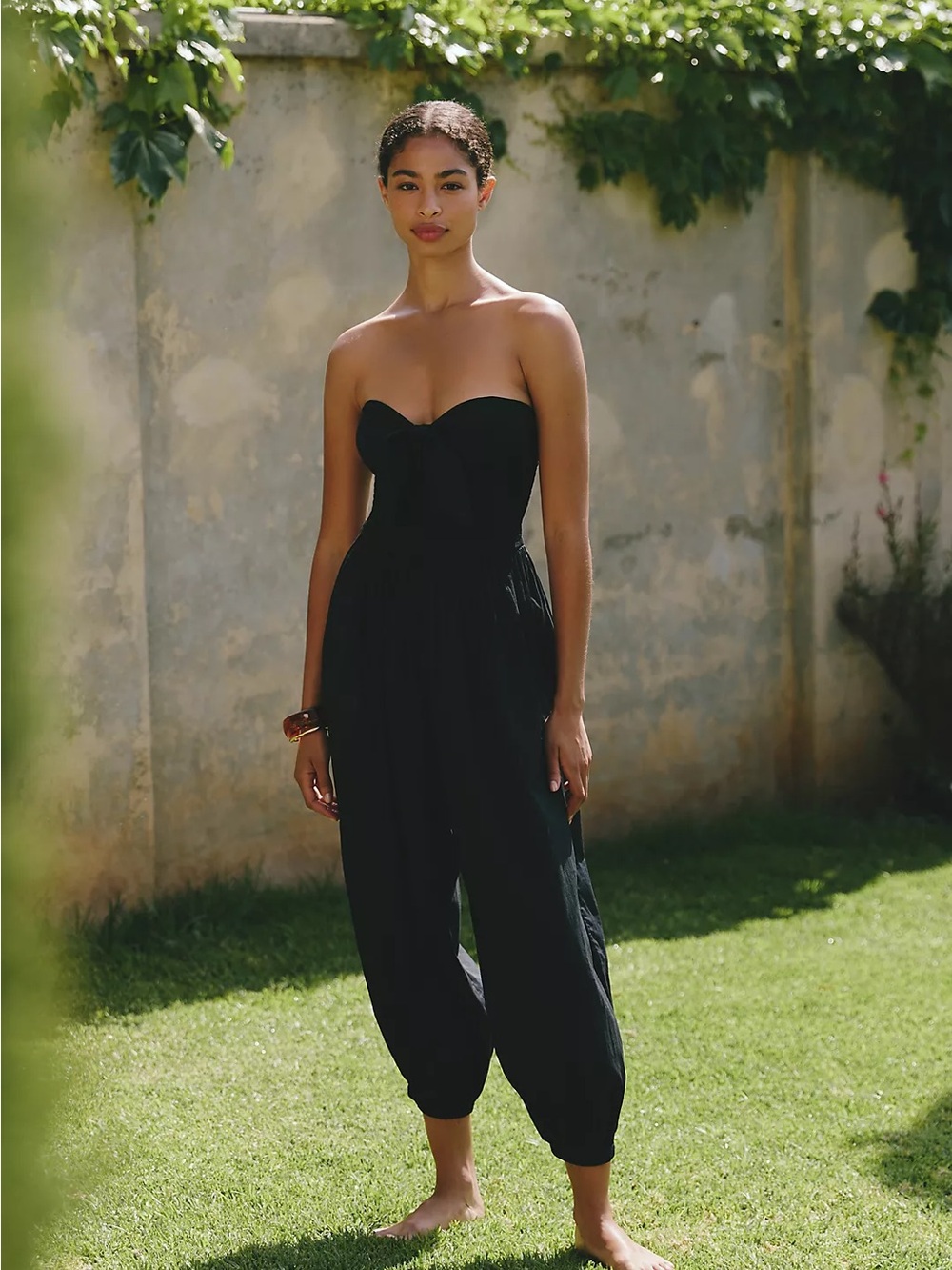 NWT Celandine Anthropologie Black 100% Cotton Strapless Tie Front Jumpsuit XSP